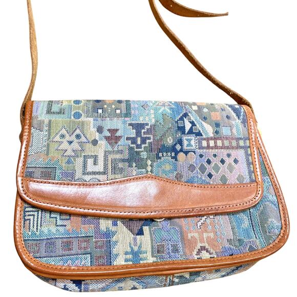 Italian Tapestry Purse 1980s Multicolor & Tan Leather Shoulder Bag Unique Retro - Picture 3 of 11